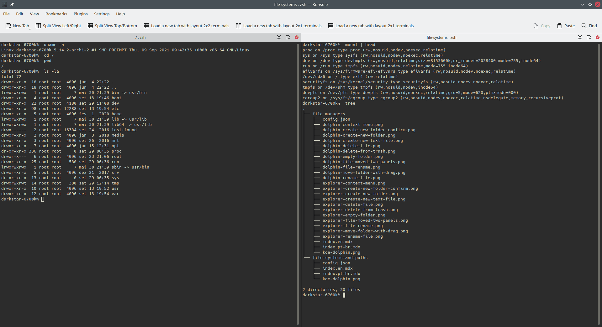 The output of some command line commands related to file system usage in Linux systems. The image illustrates directories and files listead by the commands ls, mount and tree.