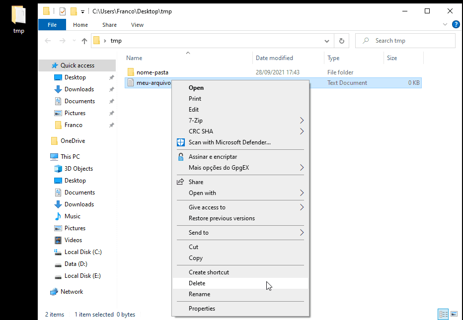 The Explorer context menu with the option delete chosen.