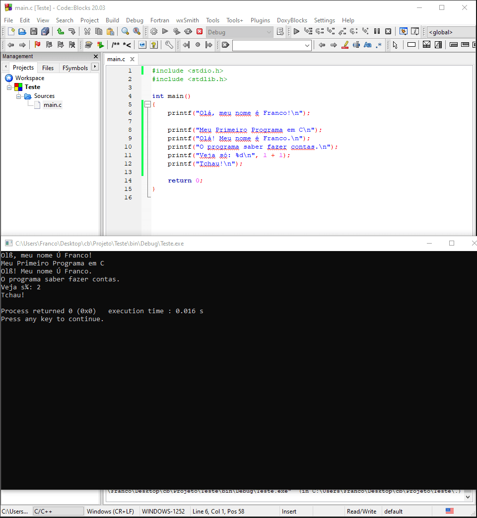 A saída de um programa com caracteres incorretos para letras acentuadas. O programa utiliza Code::Blocks no Windows; o resultado é apresentado em uma janela do interpretador de comandos do sistema operacional.