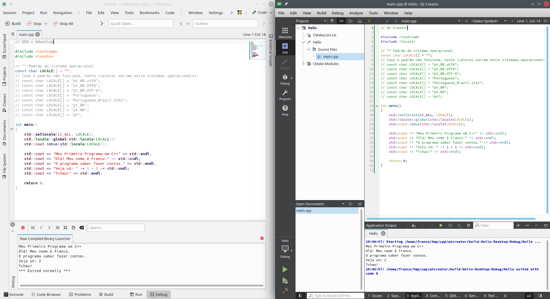 Exemplos de programação em linguagem C++. Na parte esquerda da imagem, um programa escrito em C++ após compilação e execução no KDevelop. Na parte direita, o mesmo programa após compilação e execução usando Qt Creator.