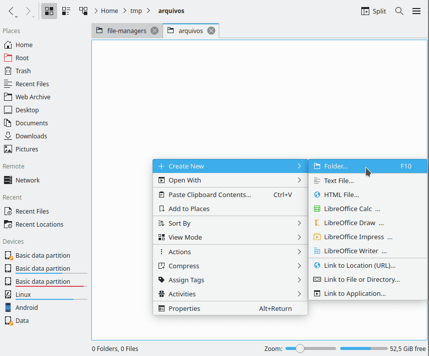After clicking the right button, a context menu appears. In the image, the option to create a new folder is focused.