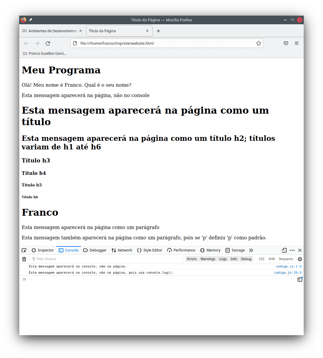 A nova versão da página com o resultado da entrada do nome `Franco`.