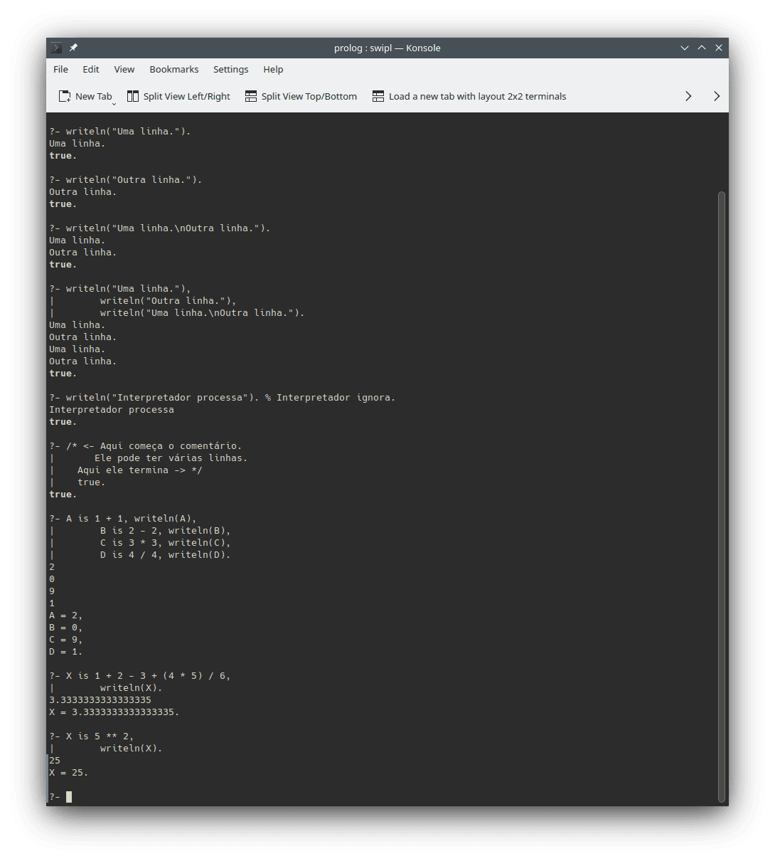 Exemplos de uso e saídas dos trechos de código apresentados nesta seção utilizando o interpretador `swipl` para Prolog na linha de comando.