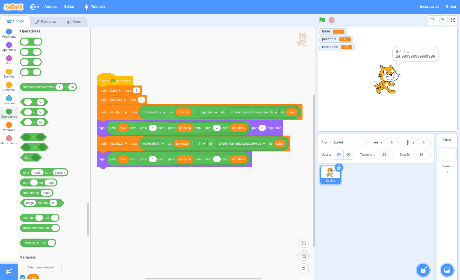 Exemplo de potenciação em Scratch usando exponenciais e logaritmos.