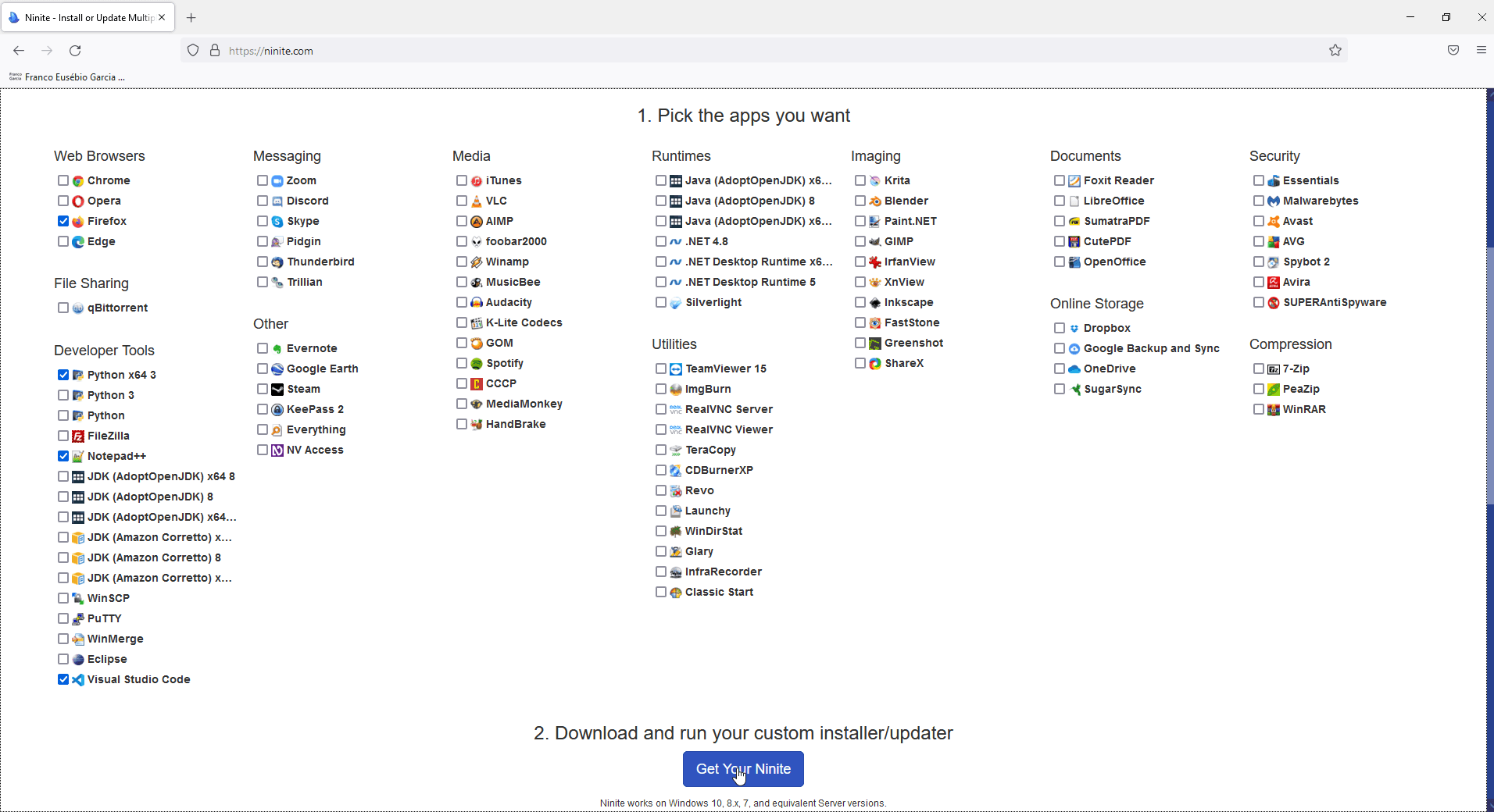 Ninite homepage with the marked checkboxes for the programs Firefox, Python x64 3 and Visual Studio Code. The cursor is over `Get Your Ninite` for the generation of the installer file.