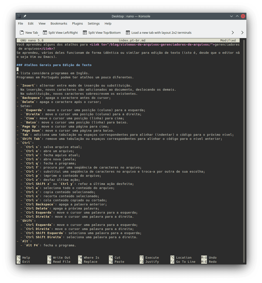 The Portuguese version of this page's content as shown by Nano on Linux.