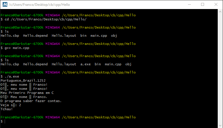 Exemplo de usos de acentos em um terminal no Windows. O resultado contém símbolos estranhos ao invés de caracteres acentuados.