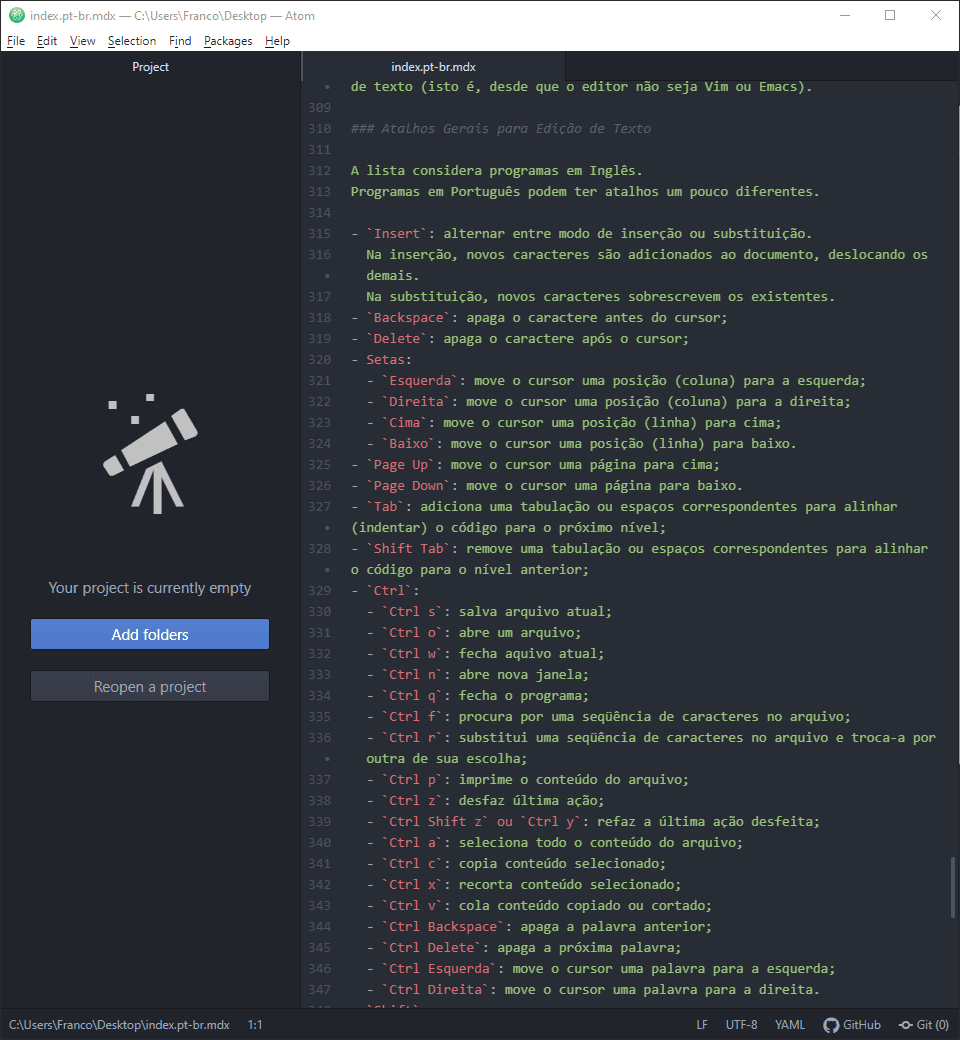 O arquivo com o conteúdo desta página como exibido pelo Atom em Windows.
