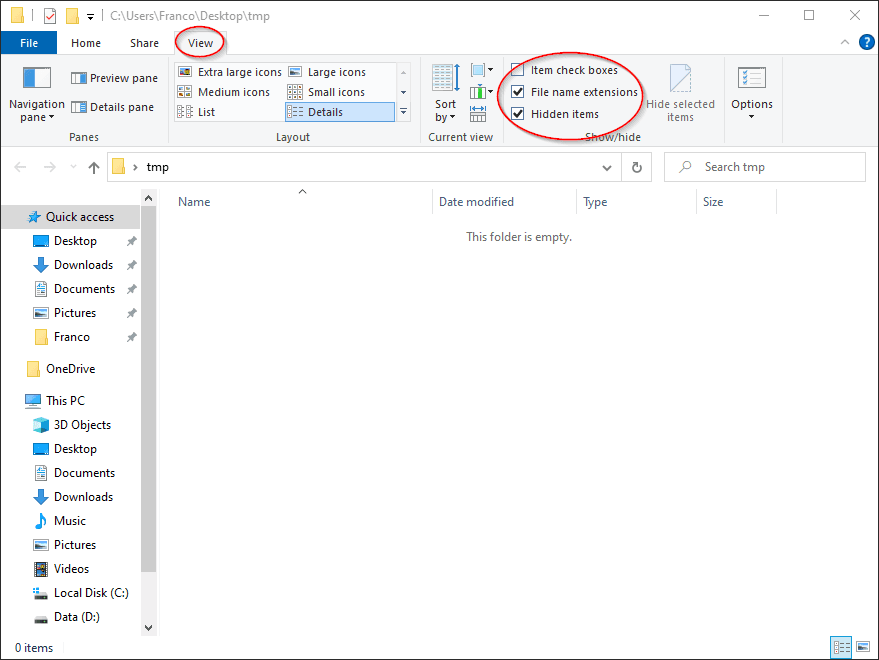 Configurações úteis para desenvolvimento de software no File Explorer: acesse a aba View usando navegação via Tab ou pelo atalho Alt V e marque as opções (checkboxes) 'File name extensions' (Alt V H F) e 'Hidden itens' (Alt V H H).