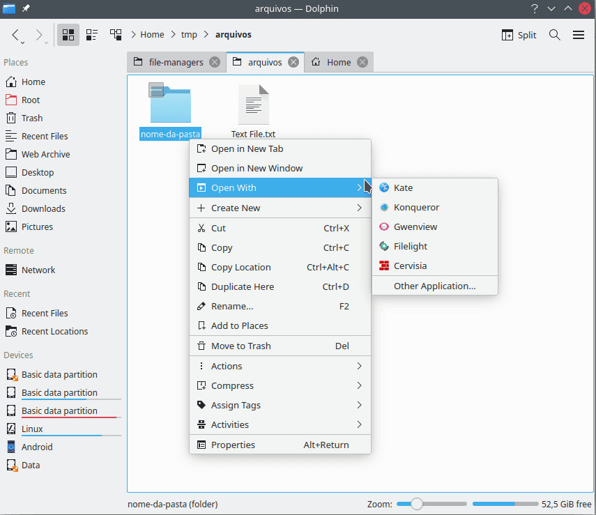 Dolphin context menu for folders. Options include open in new tab, open in new window, copy, cut, rename, delete.