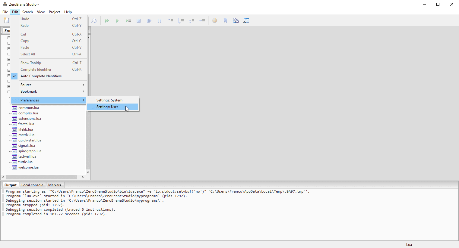 Acesso às configurações de usuário no `ZeroBrane Studio`: escolha a opção `Edit`, depois desça até `Preferences` e escolha `Settings: User`.