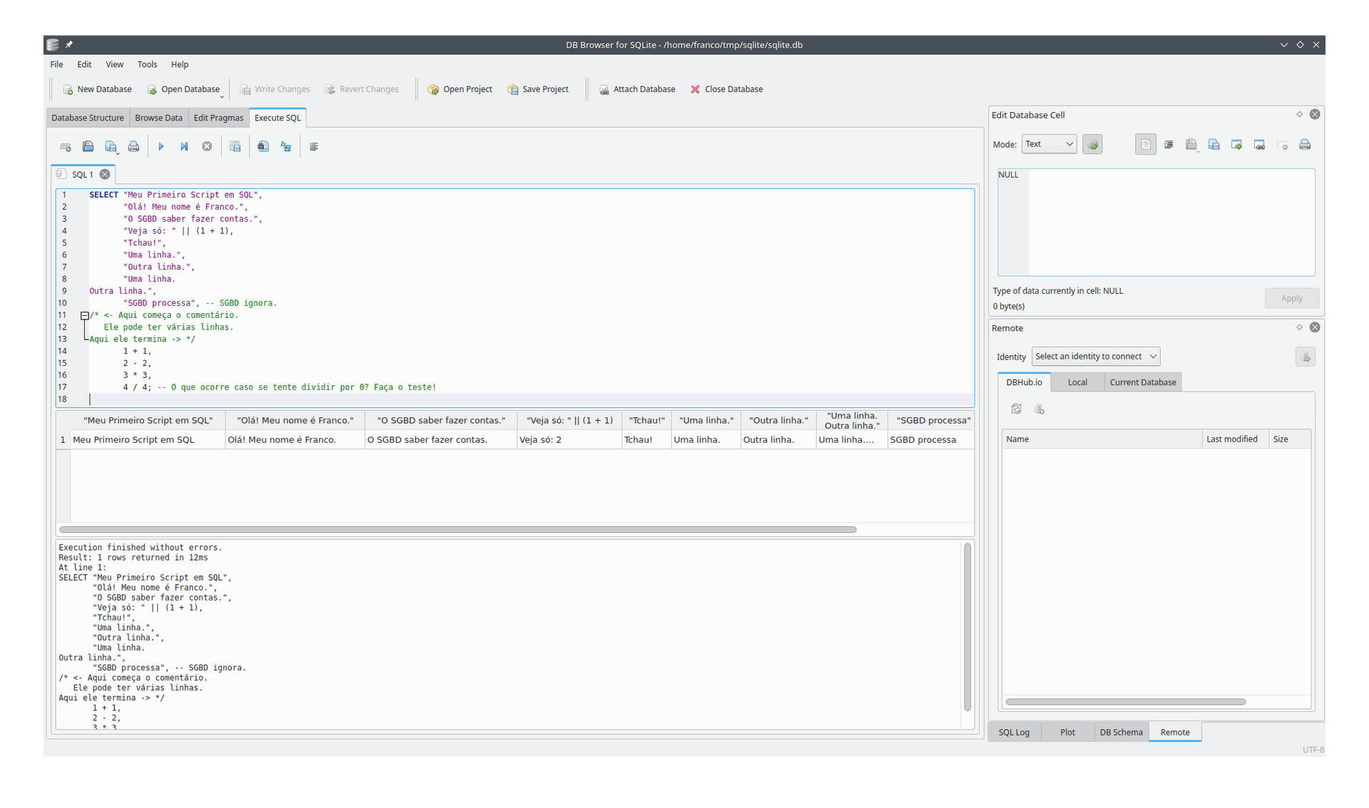 Example of using the program `DB Browser for SQLite`, with code snippets presented in this page.