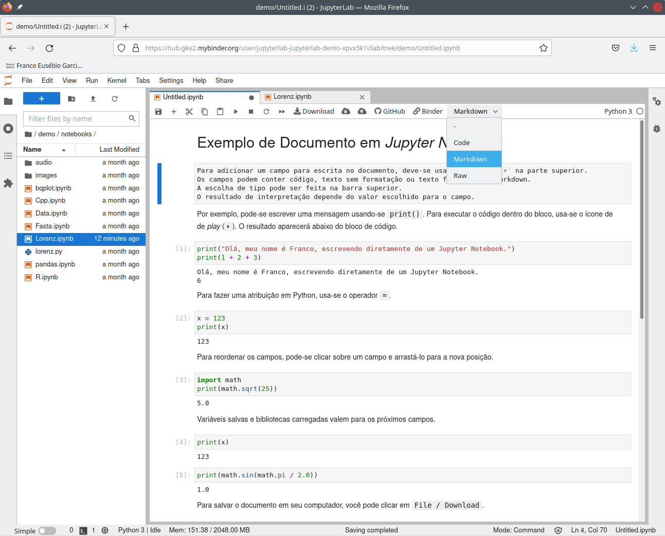 Exemplo de uso de Jupyter usando `JupyterLab`, com instruções para uso e criação de conteúdo.