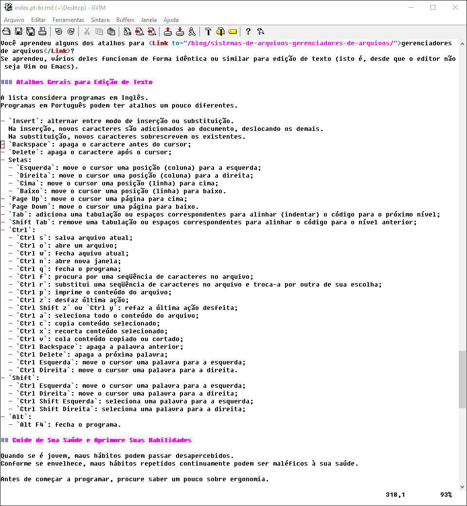 The Portuguese version of this page's content as shown by Vim (usando gVim) on Windows.