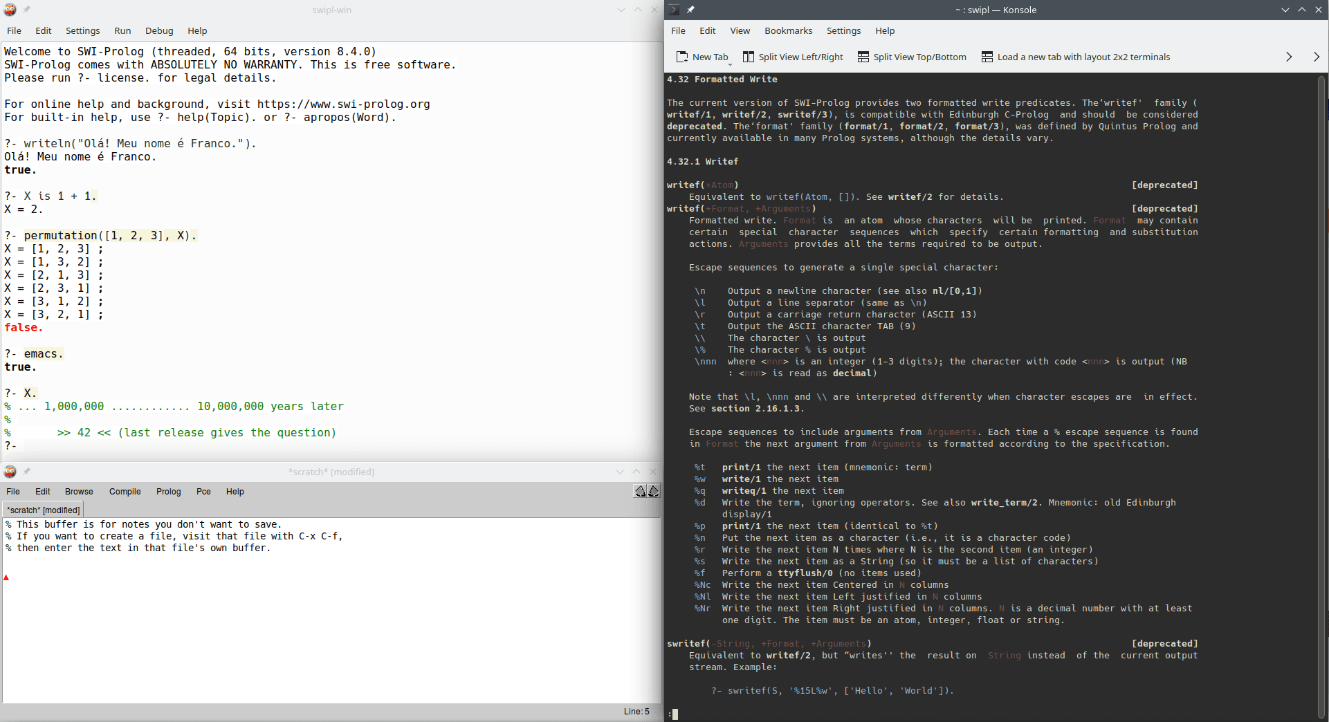 In the left, SWI Prolog's graphical environment with a REPL session and the PceEmacs editor. In the right, an example of the built-in Prolog documentation for the keyword `format`, in a `Konsole` terminal session on Linux.