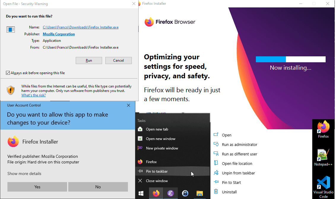 Illustration of some steps involved to install and use programs on Windows: authorizations to run executable files, setup process, creation of shortcuts, and options to use the program.