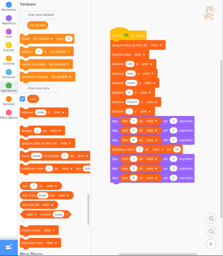 Exemplo de uso de vetor em Scratch.