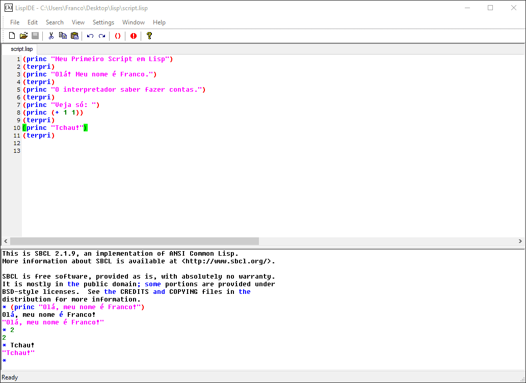 Exemplo de uso `LispIDE` para programação em LISP.