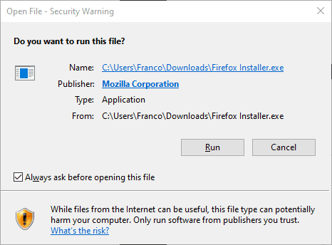 A security warning before running a file. You should choose `Run` only if you trust the file. On the image, `Publisher` value is `Mozilla Corporation`.