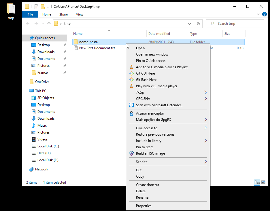 O menu de contexto exibido pelo File Explorer para pastas. Opções incluem abrir em nova janela, copiar, cortar, renomear, excluir.