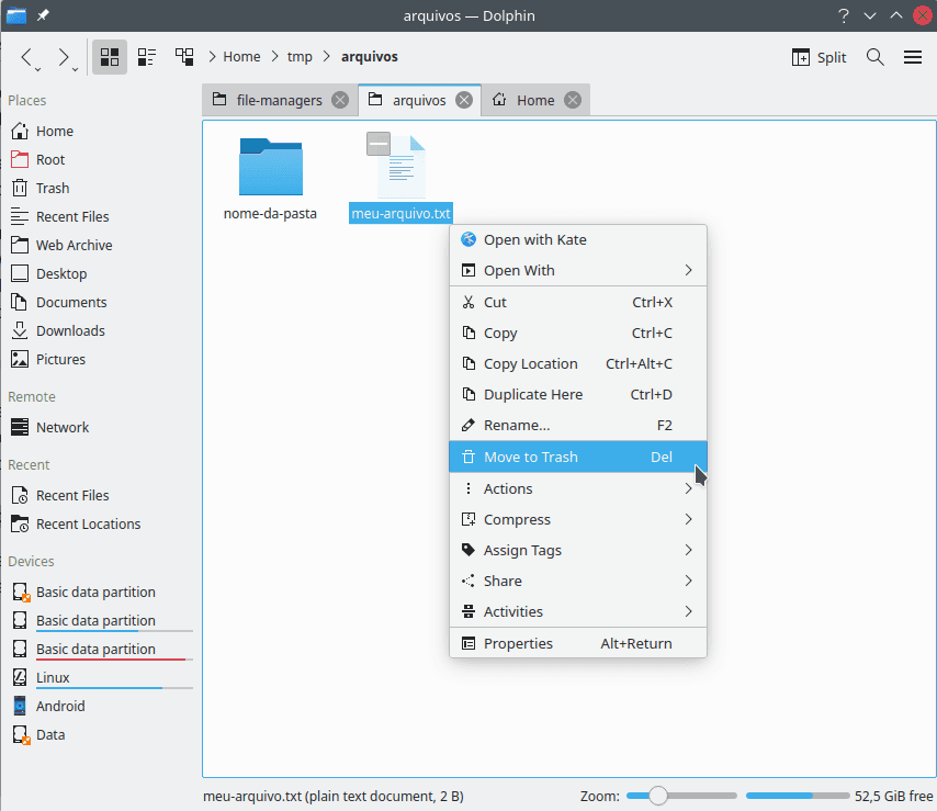 The Dolphin context menu with the option move file to trash chosen.