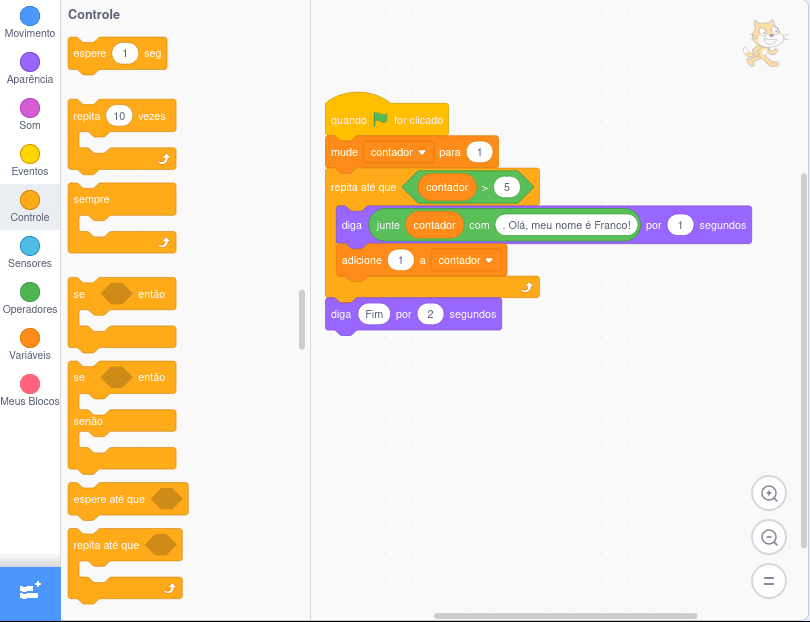 Exemplo de uso de `repita até que` em Scratch com condição equivalente a `enquanto`, definida usando a operação contrária.