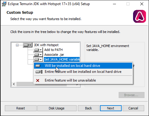 Instalação do JDK no Windows. Em um dos passos, é possível escolher exportar os programas de desenvolvimento para o `PATH` e ajustar a variável `JAVA_HOME` para uso de programas escritos em Java.