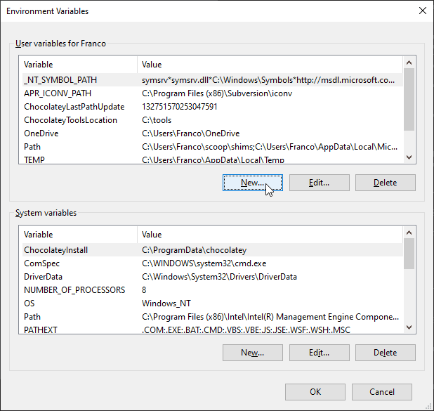 The new window has the environment variables settings. You can create new ones, modify existing values or remove them. In the image, the focus is on `New...`, used to create new environment variables.
