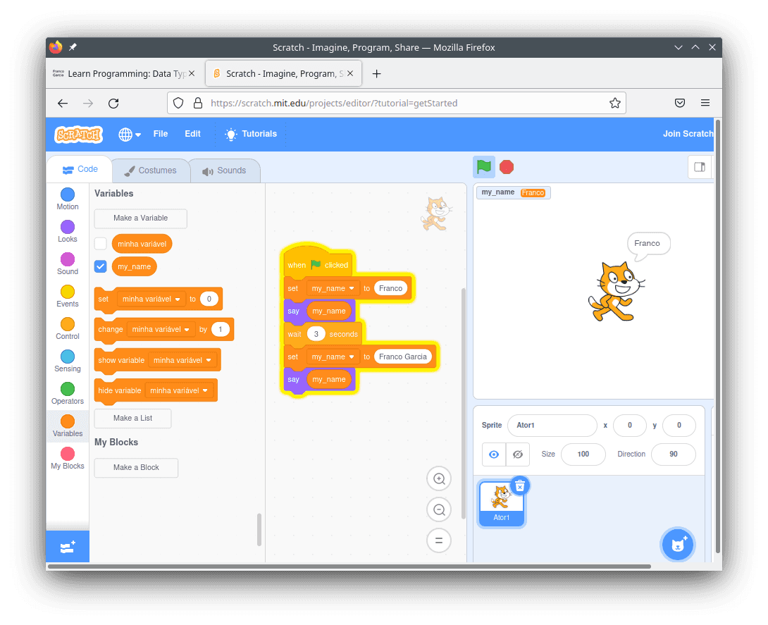 Example of using a variable in Scratch with the interface in English.