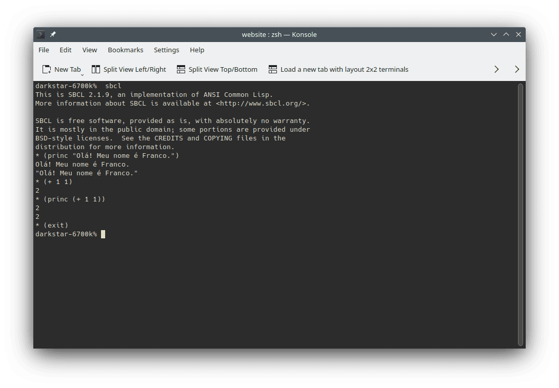 An example of starting and using the SBCL interpreter in the command line. Use `sbcl` to start the interpreter; inside it, you can write code. The image presents examples of running code presented on this section.