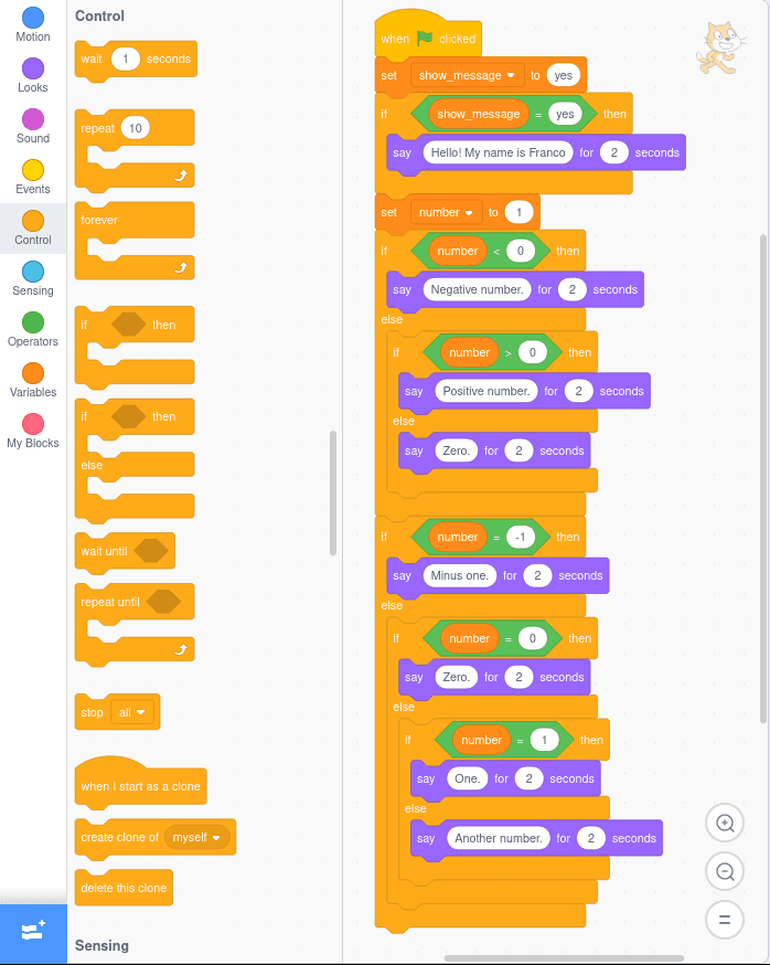 Example of use of conditional structures in Scratch in English.