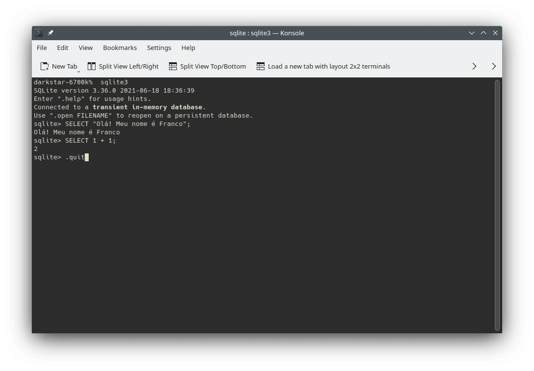 An example of starting and using the SQLite DBMS in the command line. Use `sqlite3` to start the interpreter; inside it, you can write code. The image presents examples of running code presented on this section.