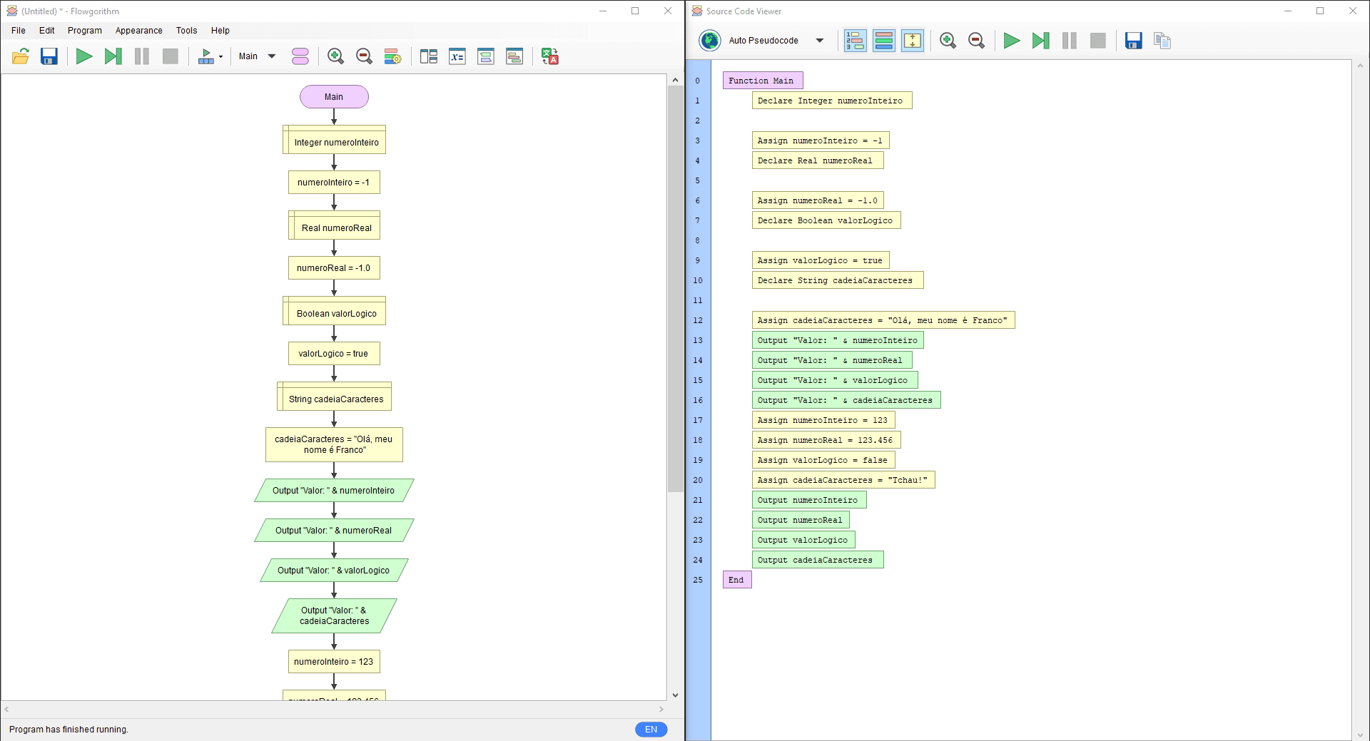 Example of algorithm generated from the flowchart by Flowgorithm.