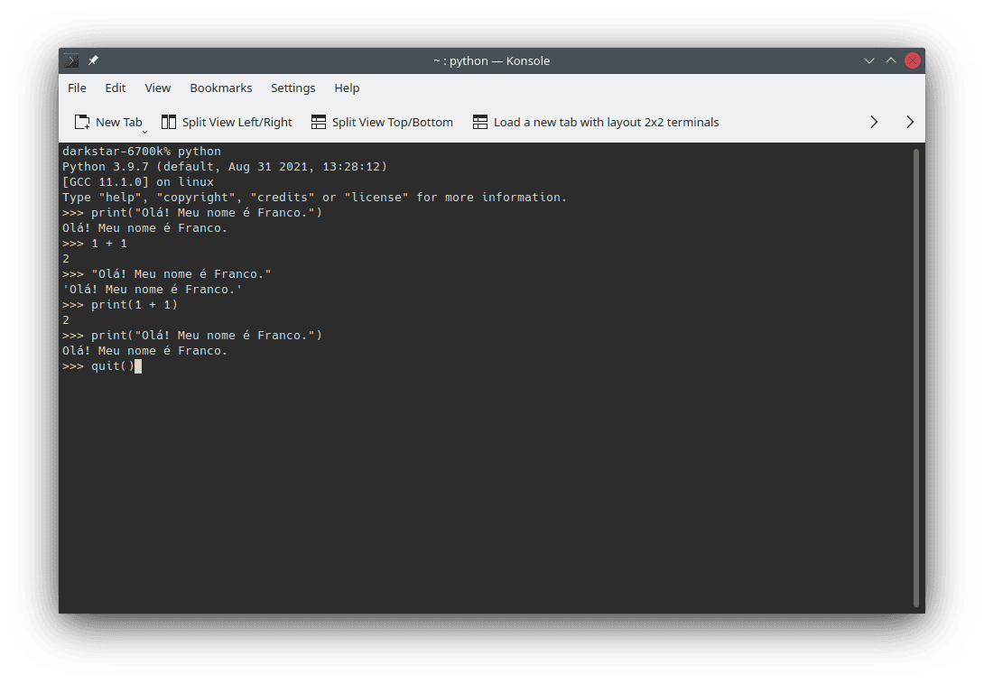 An example of starting and using the Python interpreter in the command line. Use `python` to start the interpreter; inside it, you can write code. The image presents examples of running code presented on this section.