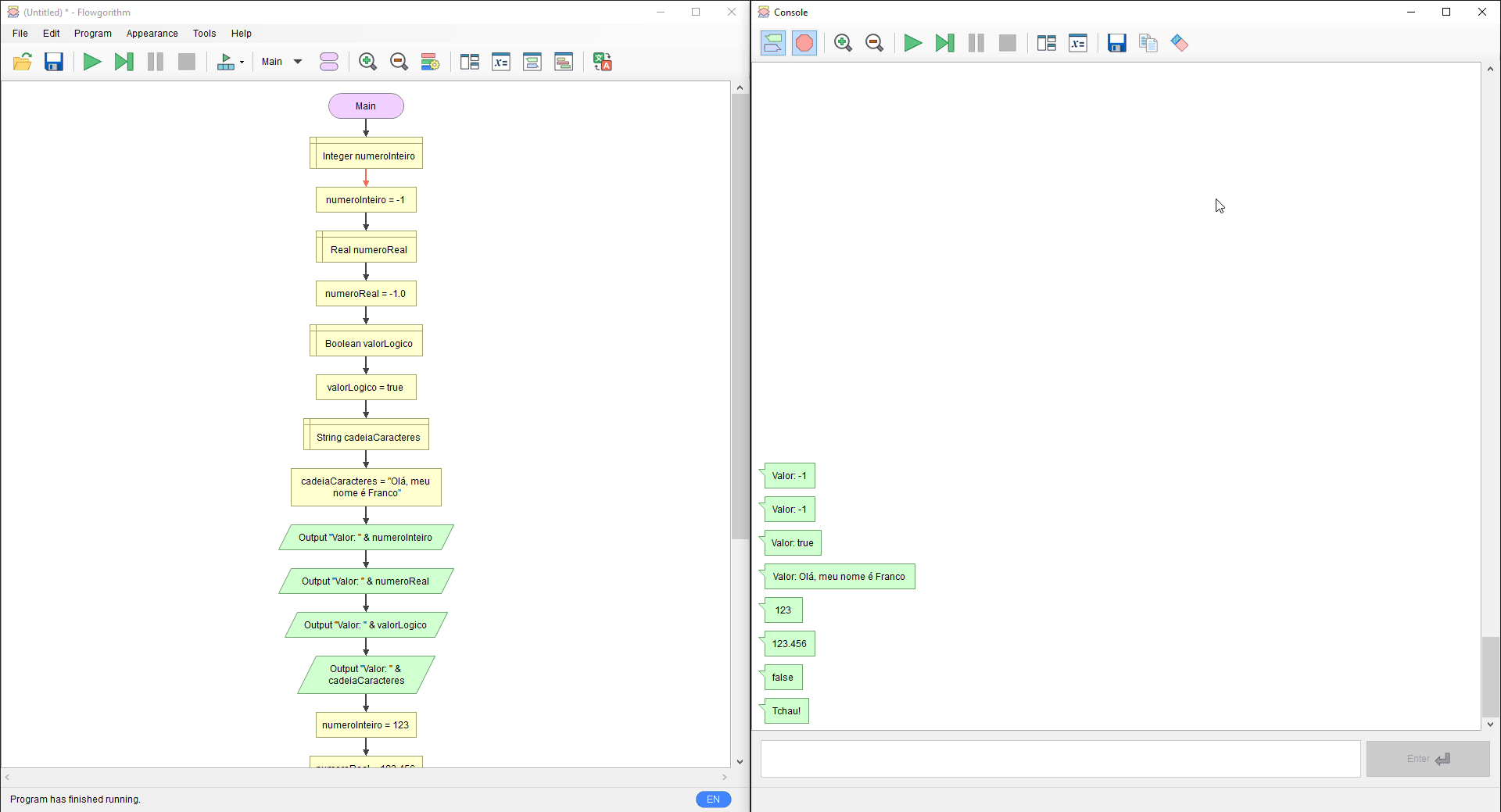 Exemplo de declaração e atribuição de variáveis em Flowgorithm.