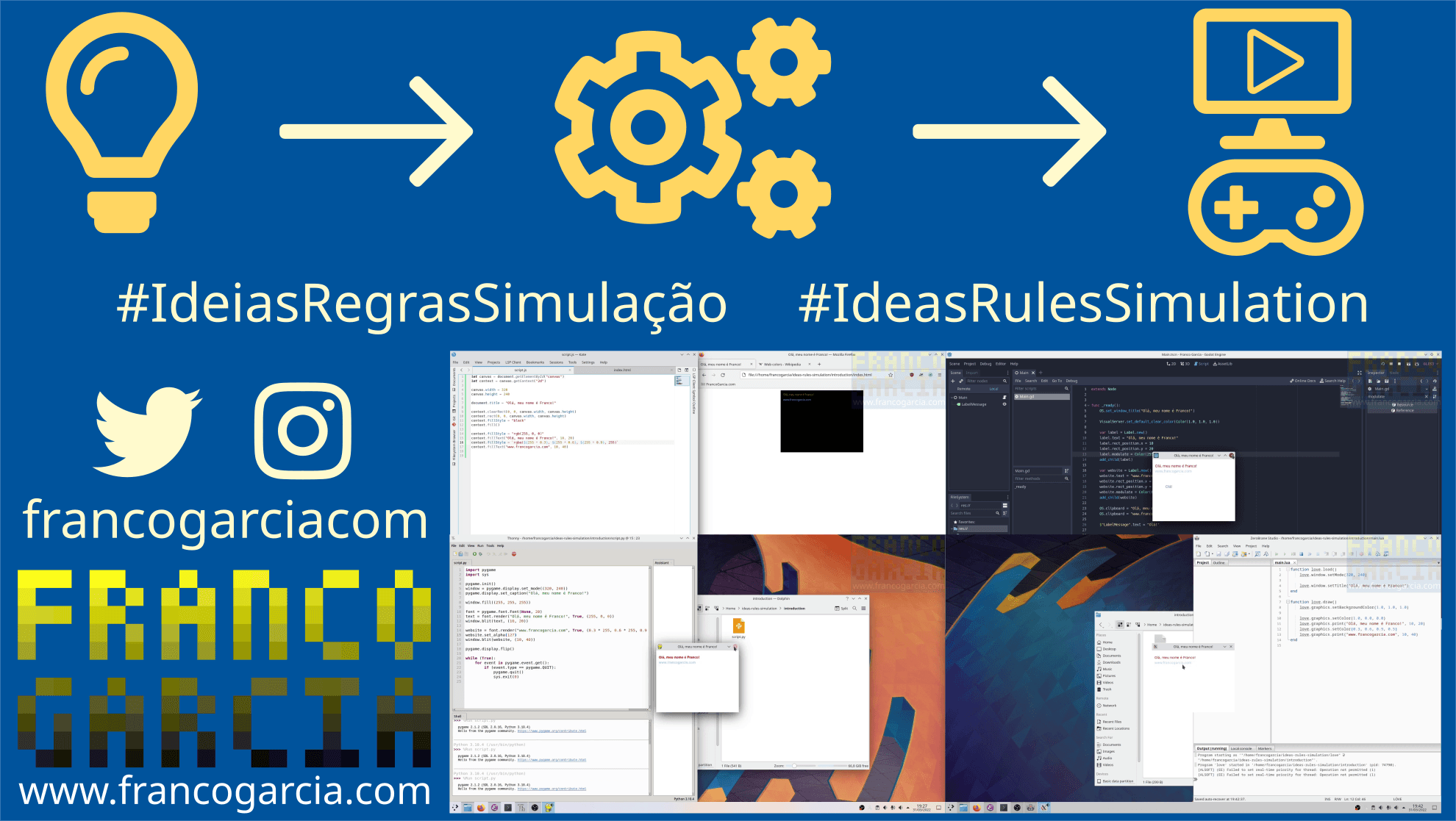 Source code and windows with drawing areas created in this topic for JavaScript with HTML Canvas, GDScript with Godot Engine, Python with PyGame, and Lua with LÖVE. The image also provides a link to this website: <www.francogarcia.com>, as well as the account francogarciacom, used for the Twitter and Instagram of the author.