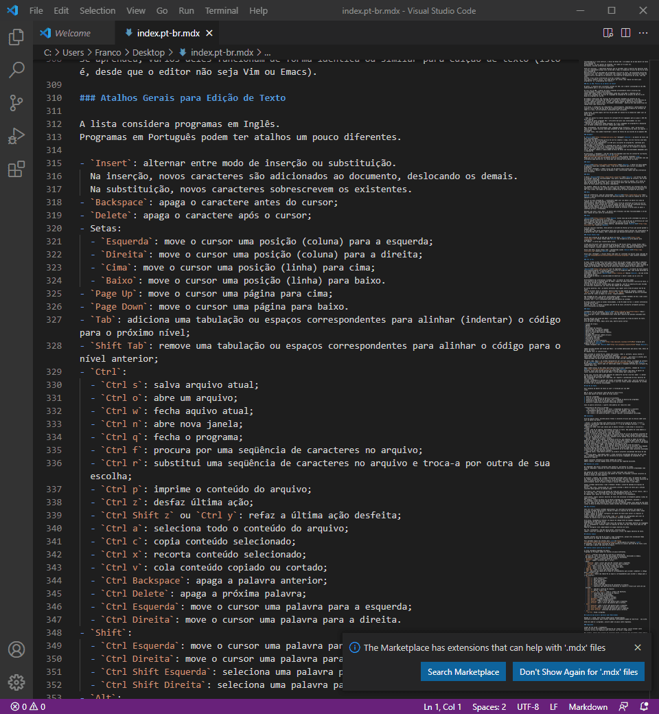 The Portuguese version of this page's content as shown by Visual Studio Code on Windows.