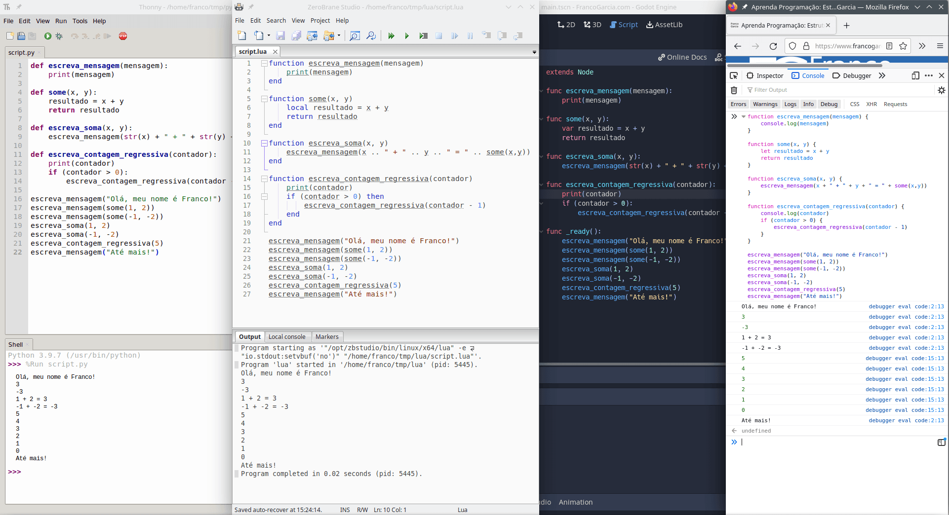 Examples of subroutines in Python, Lua, GDScript and JavaScript.