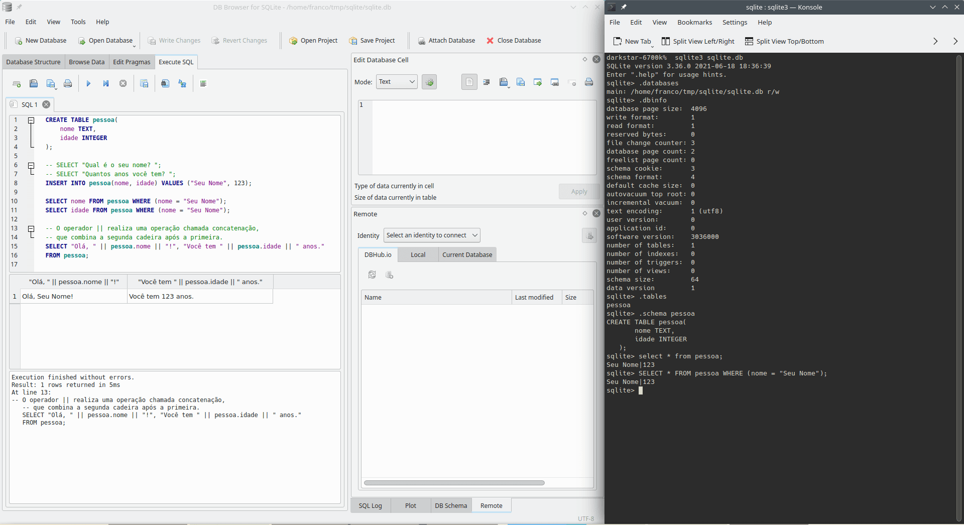 An example of creating and using a SQL database using the Database Management System (DBMS) SQLite. The left side on the image shows the program `DB Browser for SQLite`. The right side displays a terminal session for the program `sqlite3`.