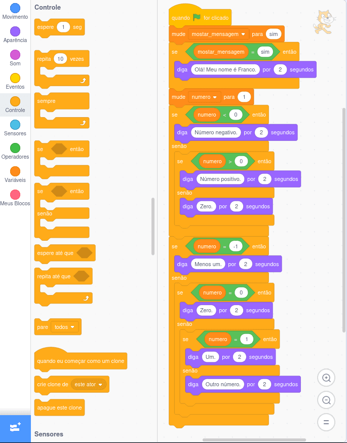 Exemplo uso de estruturas condicionais em Scratch em página em Português.