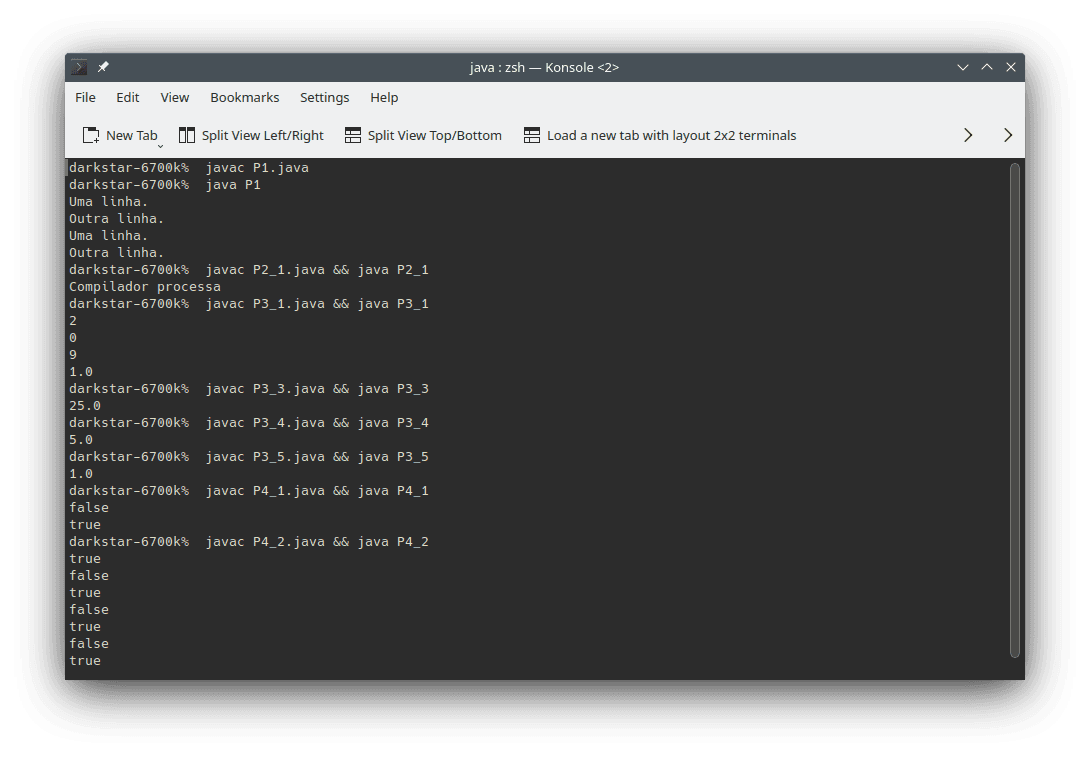 Exemplos de uso e saídas dos trechos de código apresentados nesta seção utilizando o compilador `javac` para gerar bytecode Java, executado pelo interpretador `java` para obtenção de resultados. A saída são os resultados da execução dos programas no interpretador `zsh` usando `Konsole` em Linux.