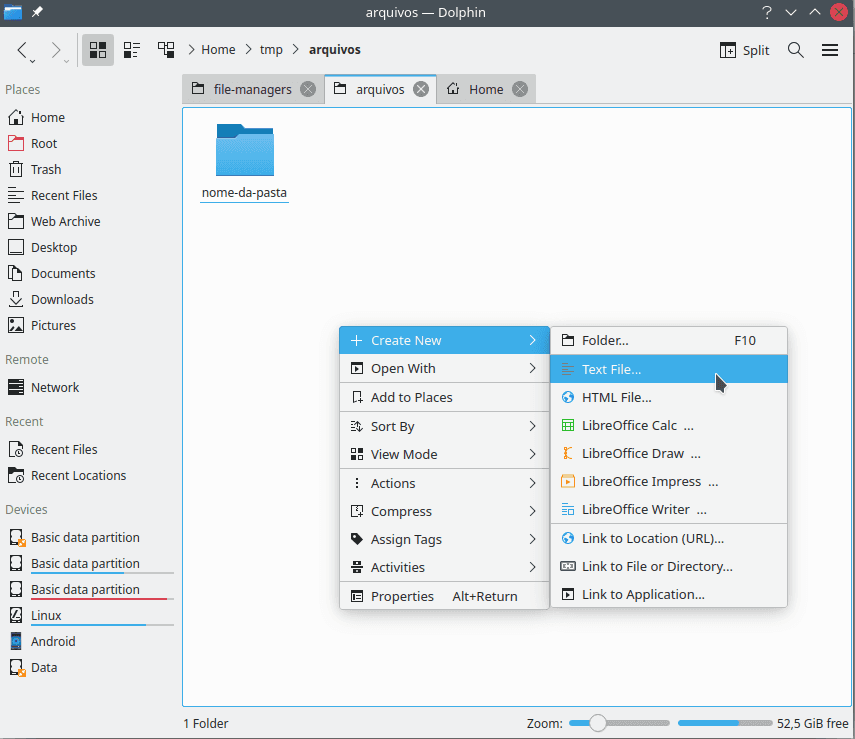 Context menu displayed by Dolphin. The focused action is to create a new text file.