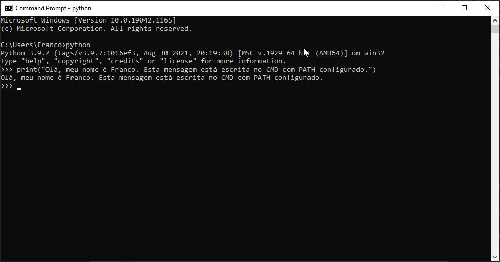 Example of use of the Python interpreter in the `cmd`. After inputting the line of code `print("Hello, my name is Franco. This message was written on CMD with the PATH configured.")`, the interpreters writes the answer `Hello, my name is Franco. This message was written on CMD with the PATH configured.`.