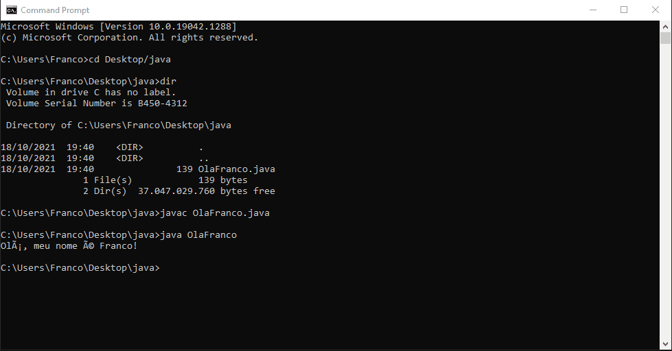 Compilation and use of a Java program written on Windows. If the text codification is not compatible with Windows, the accents will not appear on `cmd`.