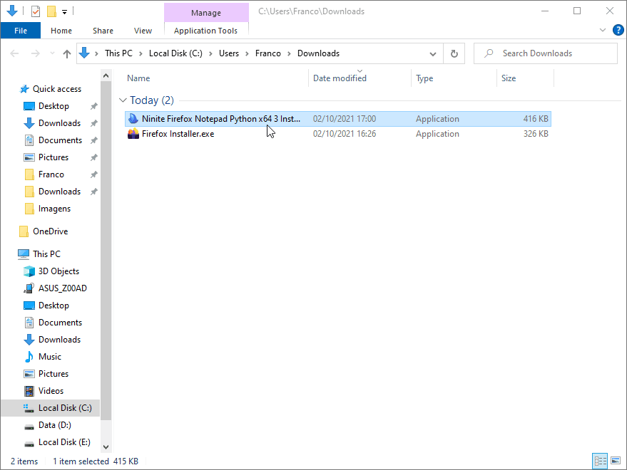 O File Explorer com o arquivo de instalação baixado selecionado (`Ninite Firefox Notepad Python x64 Installer.exe`).