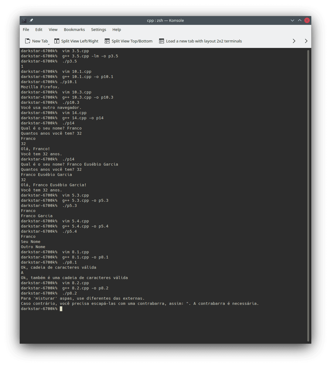 Exemplos de uso e saídas dos trechos de código apresentados nesta seção utilizando o compilador `g++` para gerar programas escritos em linguagem C++ na linha de comando. A saída são os resultados da execução dos programas no interpretador `zsh` usando `Konsole` em Linux.