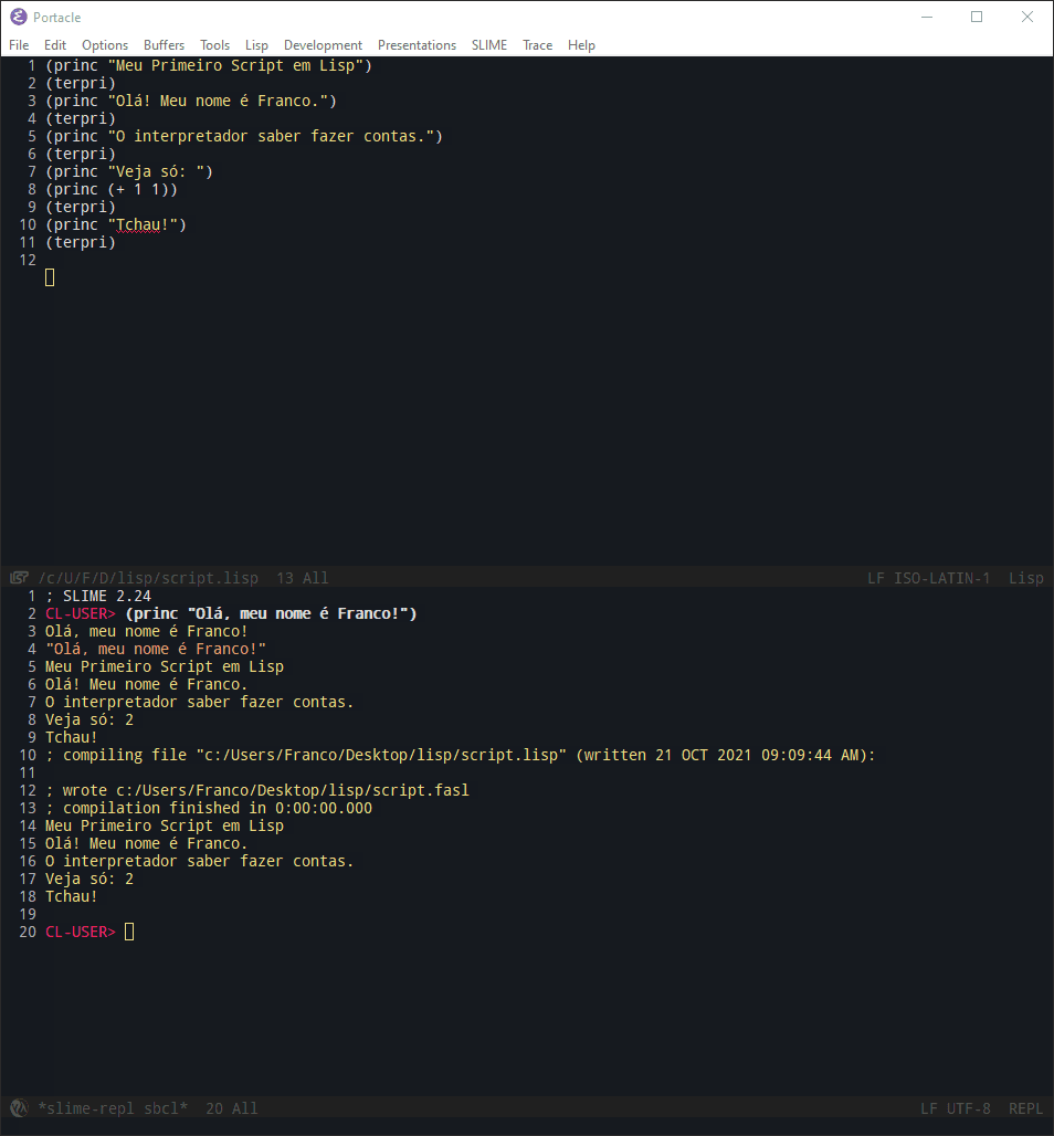 Exemplo de uso de `Portacle` para programação em LISP.