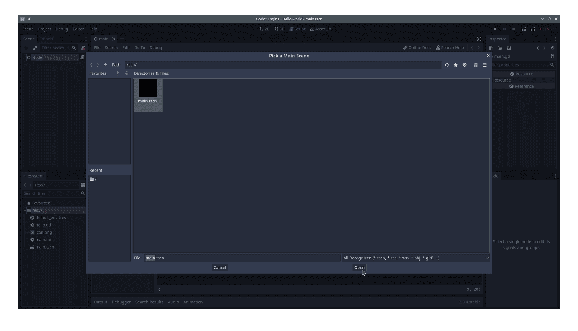 Choosing an initial scene for the project.