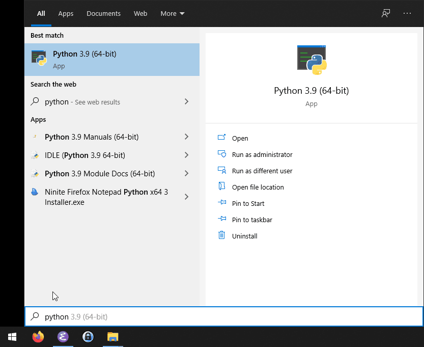 Search results for the keyword `python` in the Start menu. The `Python 3.9 (64-bit)` interpreter is the first result, with options including `Open`, `Run as administrator` and `Open file location`.