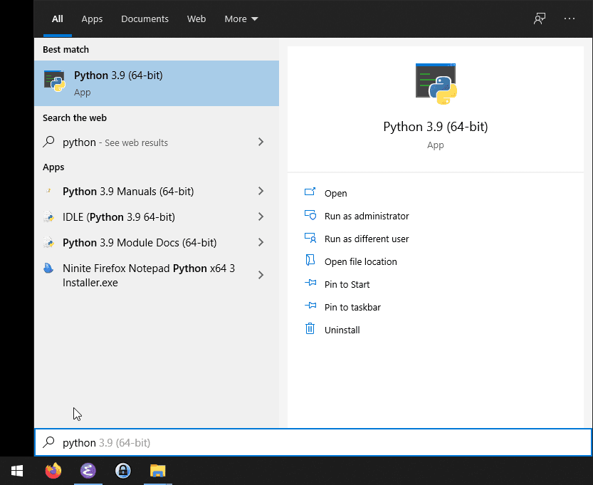 Resultados da busca no menu Iniciar para a palavra-chave `python`. O interpretador `Python 3.9 (64-bit)` é o primeiro resultado, com opções que incluem `Open` (abrir), `Run as administrator` (executar como administrador) e `Open file location` (abrir local do arquivo).
